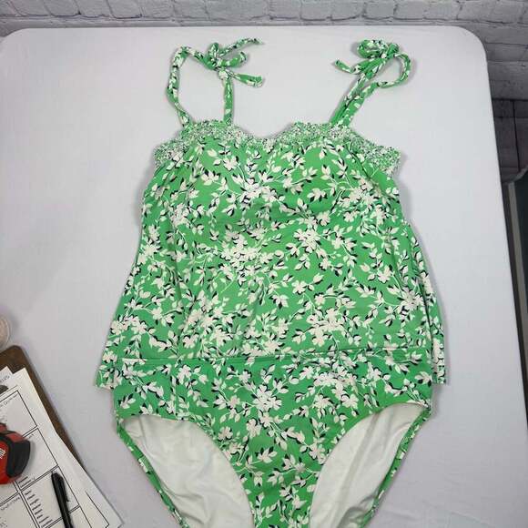 Draper James x Lands' End Green Floral Two Piece Tankini Swimsuit Size 16 - Picture 2 of 6